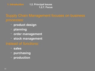1. Introduction

1.2. Principal Issues
1.2.7. Focus

Supply Chain Management focuses on business
processes:
•
•
•
•

product design
planning
order management
stock management

instead of functions:
• sales
• purchasing
• production

14

 