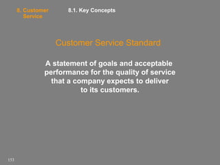 8. Customer
Service

8.1. Key Concepts

Customer Service Standard
A statement of goals and acceptable
performance for the quality of service
that a company expects to deliver
to its customers.

153

 