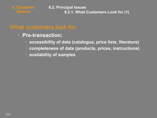 8. Customer
Service

8.2. Principal Issues
8.2.1. What Customers Look for (1)

What customers look for:
• Pre-transaction:
• accessibility of data (catalogue, price lists, literature)
• completeness of data (products, prices, instructions)
• availability of samples

154

 