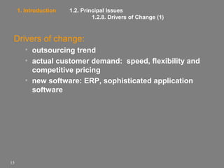 1. Introduction

1.2. Principal Issues
1.2.8. Drivers of Change (1)

Drivers of change:
• outsourcing trend
• actual customer demand: speed, flexibility and
competitive pricing
• new software: ERP, sophisticated application
software

15

 