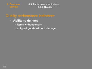 8. Customer
Service

8.5. Performance Indicators
8.5.5. Quality

Quality performance indicators:
• Ability to deliver:
• items without errors
• shipped goods without damage.

173

 