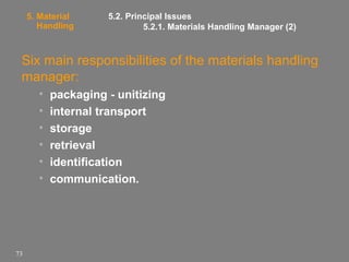 5. Material
Handling

5.2. Principal Issues
5.2.1. Materials Handling Manager (2)

Six main responsibilities of the materials handling
manager:
•
•
•
•
•
•

73

packaging - unitizing
internal transport
storage
retrieval
identification
communication.

 