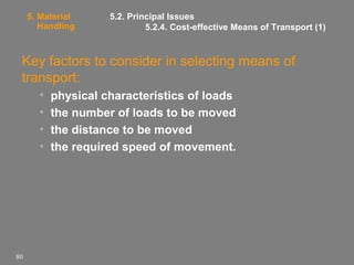 5. Material
Handling

5.2. Principal Issues
5.2.4. Cost-effective Means of Transport (1)

Key factors to consider in selecting means of
transport:
•
•
•
•

80

physical characteristics of loads
the number of loads to be moved
the distance to be moved
the required speed of movement.

 