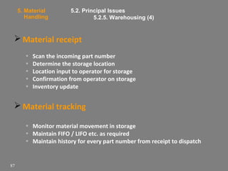 5. Material
Handling

5.2. Principal Issues
5.2.5. Warehousing (4)

 Material receipt
•
•
•
•
•

Scan the incoming part number
Determine the storage location
Location input to operator for storage
Confirmation from operator on storage
Inventory update

 Material tracking
• Monitor material movement in storage
• Maintain FIFO / LIFO etc. as required
• Maintain history for every part number from receipt to dispatch

87

 