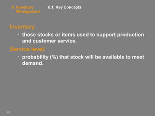 6. Inventory
Management

6.1. Key Concepts

Inventory:
• those stocks or items used to support production
and customer service.

Service level:
• probability (%) that stock will be available to meet
demand.

93

 
