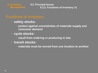 6. Inventory
Management

6.2. Principal Issues
6.2.2. Functions of Inventory (1)

Functions of inventory:
• safety stocks:
• protect against uncertainties of materials supply and
consumer demand

• cycle stocks:
• result from ordering or producing in lots

• transit stocks:
• materials must be moved from one location to another

96

 