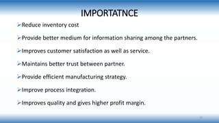 IMPORTATNCE
Reduce inventory cost
Provide better medium for information sharing among the partners.
Improves customer satisfaction as well as service.
Maintains better trust between partner.
Provide efficient manufacturing strategy.
Improve process integration.
Improves quality and gives higher profit margin.
14
 