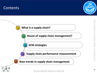 Contents
18
What is a supply chain?
House of supply chain management?
SCM strategies
Supply chain performance measurement
New trends in supply chain management
 