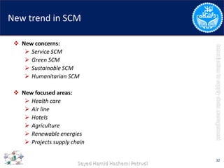 New trend in SCM
 New concerns:
 Service SCM
 Green SCM
 Sustainable SCM
 Humanitarian SCM
 New focused areas:
 Health care
 Air line
 Hotels
 Agriculture
 Renewable energies
 Projects supply chain
32
 