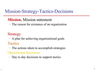 17r
Mission-Strategy-Tactics-Decisions
Mission, Mission statement
– The reason for existence of an organization
Strategy
– A plan for achieving organizational goals
Tactics
– The actions taken to accomplish strategies
Operational decisions
– Day to day decisions to support tactics
 