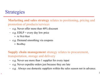 21r
Strategies
Marketing and sales strategy relates to positioning, pricing and
promotion of products/services
– e.g. Never offer more than 40% discount
– e.g. EDLP = every day low price
» At Wal-Mart
– e.g. Demand smoothing via coupons
» BestBuy
Supply chain management strategy relates to procurement,
transportation, storage and delivery
– e.g. Never use more than 1 supplier for every input
– e.g. Never expedite orders just because they are late
– e.g. Always use domestic suppliers within the sales season not in advance.
 
