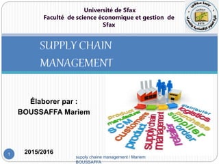 supply chaine management / Mariem
BOUSSAFFA
1
Élaborer par :
BOUSSAFFA Mariem
Université de Sfax
Faculté de science économique et gestion de
Sfax
2015/2016
 