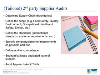 © DNV Business Assurance. All rights reserved.
Supply Chain Management: Tools for improvement or barriers to trade?
Bangkok, May 23rd 2013
(Tailored) 2nd party Supplier Audits
 Determine Supply Chain (boundaries)
 Define the scope (e.g. Food Safety, Quality,
Environment, Occupational Health and
Safety, Ethical, etc.)
 Define the standards (international
standards, customer requirements, etc. )
 Specific company/customer requirements
as possible add-ons
 Define auditor competence
 Set/train/calibrate dedicated team of
auditors
 Audit Approach/Audit Trails
21
 