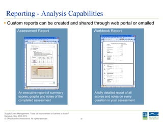 © DNV Business Assurance. All rights reserved.
Supply Chain Management: Tools for improvement or barriers to trade?
Bangkok, May 23rd 2013
Reporting - Analysis Capabilities
 Custom reports can be created and shared through web portal or emailed
25
Assessment Report Workbook Report
An executive report of summary
scores, graphs and notes of the
completed assessment
A fully detailed report of all
scores and notes on every
question in your assessment
 