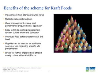 © DNV Business Assurance. All rights reserved.
Supply Chain Management: Tools for improvement or barriers to trade?
Bangkok, May 23rd 2013
Benefits of the scheme for Kraft Foods
 Independent from standard owner (ISO)
 Multiple stakeholders driven
 Clear management system and
performance (requirements) approach
 Easy to link to existing management
system culture within the company
 Improved food safety awareness at site
level
 Reports can be used as an additional
source of info regarding specific site
performance
 Driver for further improvement of food
safety culture within Kraft Foods
37
 