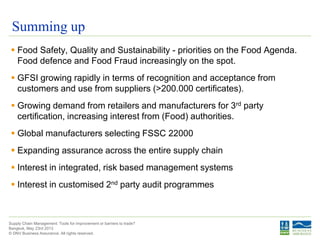 © DNV Business Assurance. All rights reserved.
Supply Chain Management: Tools for improvement or barriers to trade?
Bangkok, May 23rd 2013
Summing up
 Food Safety, Quality and Sustainability - priorities on the Food Agenda.
Food defence and Food Fraud increasingly on the spot.
 GFSI growing rapidly in terms of recognition and acceptance from
customers and use from suppliers (>200.000 certificates).
 Growing demand from retailers and manufacturers for 3rd party
certification, increasing interest from (Food) authorities.
 Global manufacturers selecting FSSC 22000
 Expanding assurance across the entire supply chain
 Interest in integrated, risk based management systems
 Interest in customised 2nd party audit programmes
 