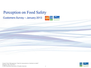 © DNV Business Assurance. All rights reserved.
Supply Chain Management: Tools for improvement or barriers to trade?
Bangkok, May 23rd 2013
9
Perception on Food Safety
Customers Survey – January 2013
 