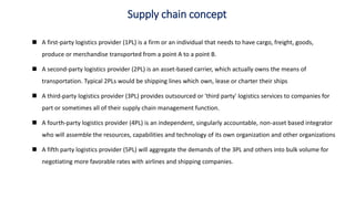  A first-party logistics provider (1PL) is a firm or an individual that needs to have cargo, freight, goods,
produce or merchandise transported from a point A to a point B.
 A second-party logistics provider (2PL) is an asset-based carrier, which actually owns the means of
transportation. Typical 2PLs would be shipping lines which own, lease or charter their ships
 A third-party logistics provider (3PL) provides outsourced or 'third party' logistics services to companies for
part or sometimes all of their supply chain management function.
 A fourth-party logistics provider (4PL) is an independent, singularly accountable, non-asset based integrator
who will assemble the resources, capabilities and technology of its own organization and other organizations
 A fifth party logistics provider (5PL) will aggregate the demands of the 3PL and others into bulk volume for
negotiating more favorable rates with airlines and shipping companies.
Supply chain concept
 
