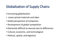 Globalization of Supply Chains
Increasing globalization
• Lower priced materials and labor
• Global perspective of companies
• Development of global competition
Extremely difficult to execute due to differences
• Cultural, economic, and technological
• Political, spatial, and logistical
 
