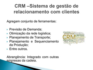 Agregam conjunto de ferramentas:
 Previsão de Demanda;
 Otimização da rede logística;
 Planejamento de Transporte;
 Planejamento e Sequenciamento
da Produção;
 Entre outros.
Abrangência: Integrado com outras
empresas da cadeia.
 