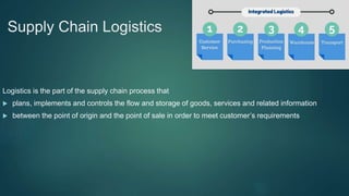 Supply Chain Logistics
Logistics is the part of the supply chain process that
plans, implements and controls the flow and storage of goods, services and related information
between the point of origin and the point of sale in order to meet customer’s requirements