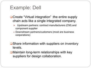 Example: Dell
Create “Virtual integration” :the entire supply
chain acts like a single integrated company.
 Upstream partners: contract manufacturers (CM) and
component supplier
 Downstream partners/customers (most are business
corporations)
Share information with suppliers on inventory
levels.
Maintain long-term relationships with key
suppliers for design collaboration.
 