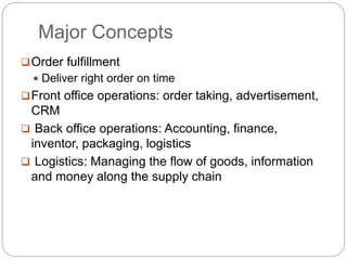 Major Concepts
Order fulfillment
 Deliver right order on time
Front office operations: order taking, advertisement,
CRM
 Back office operations: Accounting, finance,
inventor, packaging, logistics
 Logistics: Managing the flow of goods, information
and money along the supply chain
 