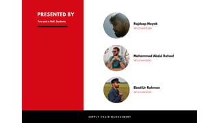 S U P P L Y C H A I N M A N A G E M E N T
PRESENTED BY
Mohammed Abdul Raheel
1BFLICHH010092
Ebad Ur Rahman
18FLICHH010099
Two and a Half, Students
Rajdeep Nayak
1BFLICHH010208
 
