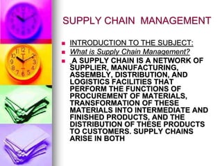 SUPPLY CHAIN MANAGEMENT
 INTRODUCTION TO THE SUBJECT:
 What is Supply Chain Management?
 A SUPPLY CHAIN IS A NETWORK OF
SUPPLIER, MANUFACTURING,
ASSEMBLY, DISTRIBUTION, AND
LOGISTICS FACILITIES THAT
PERFORM THE FUNCTIONS OF
PROCUREMENT OF MATERIALS,
TRANSFORMATION OF THESE
MATERIALS INTO INTERMEDIATE AND
FINISHED PRODUCTS, AND THE
DISTRIBUTION OF THESE PRODUCTS
TO CUSTOMERS. SUPPLY CHAINS
ARISE IN BOTH
 