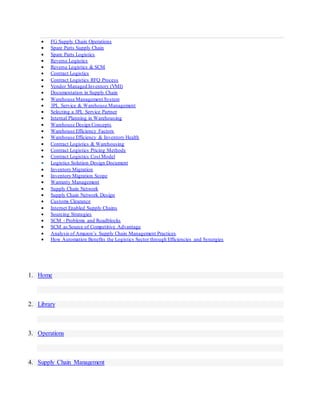 FG Supply Chain Operations
 Spare Parts Supply Chain
 Spare Parts Logistics
 Reverse Logistics
 Reverse Logistics & SCM
 Contract Logistics
 Contract Logistics RFQ Process
 Vendor Managed Inventory (VMI)
 Documentation in Supply Chain
 Warehouse Management System
 3PL Service & Warehouse Management
 Selecting a 3PL Service Partner
 Internal Planning in Warehousing
 Warehouse Design Concepts
 Warehouse Efficiency Factors
 Warehouse Efficiency & Inventory Health
 Contract Logistics & Warehousing
 Contract Logistics Pricing Methods
 Contract Logistics Cost Model
 Logistics Solution Design Document
 Inventory Migration
 Inventory Migration Scope
 Warranty Management
 Supply Chain Network
 Supply Chain Network Design
 Customs Clearance
 Internet Enabled Supply Chains
 Sourcing Strategies
 SCM - Problems and Roadblocks
 SCM as Source of Competitive Advantage
 Analysis of Amazon’s Supply Chain Management Practices
 How Automation Benefits the Logistics Sector through Efficiencies and Synergies
1. Home
2. Library
3. Operations
4. Supply Chain Management
 
