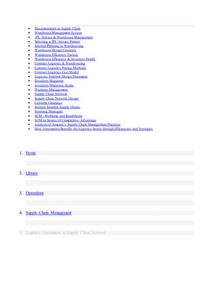  Documentation in Supply Chain
 Warehouse Management System
 3PL Service & Warehouse Management
 Selecting a 3PL Service Partner
 Internal Planning in Warehousing
 Warehouse Design Concepts
 Warehouse Efficiency Factors
 Warehouse Efficiency & Inventory Health
 Contract Logistics & Warehousing
 Contract Logistics Pricing Methods
 Contract Logistics Cost Model
 Logistics Solution Design Document
 Inventory Migration
 Inventory Migration Scope
 Warranty Management
 Supply Chain Network
 Supply Chain Network Design
 Customs Clearance
 Internet Enabled Supply Chains
 Sourcing Strategies
 SCM - Problems and Roadblocks
 SCM as Source of Competitive Advantage
 Analysis of Amazon’s Supply Chain Management Practices
 How Automation Benefits the Logistics Sector through Efficiencies and Synergies
1. Home
2. Library
3. Operations
4. Supply Chain Management
5. Logistics Operations in Supply Chain Network
 