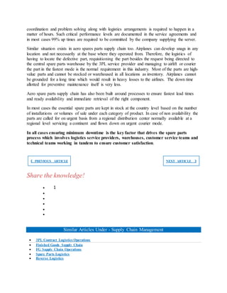 coordination and problem solving along with logistics arrangements is required to happen in a
matter of hours. Such critical performance levels are documented in the service agreements and
in most cases 99% up times are required to be committed by the company supplying the server.
Similar situation exists in aero spares parts supply chain too. Airplanes can develop snags in any
location and not necessarily at the base where they operated from. Therefore, the logistics of
having to locate the defective part, requisitioning the part besides the request being directed to
the central spare parts warehouse by the 3PL service provider and managing to airlift or courier
the part in the fastest mode is the normal requirement in this industry. Most of the parts are high-
value parts and cannot be stocked or warehoused in all locations as inventory. Airplanes cannot
be grounded for a long time which would result in heavy losses to the airlines. The down time
allotted for preventive maintenance itself is very less.
Aero spare parts supply chain has also been built around processes to ensure fastest lead times
and ready availability and immediate retrieval of the right component.
In most cases the essential spare parts are kept in stock at the country level based on the number
of installations or volumes of sale under each category of product. In case of non availability the
parts are called for on urgent basis from a regional distribution center normally available at a
regional level servicing a continent and flown down on urgent courier mode.
In all cases ensuring minimum downtime is the key factor that drives the spare parts
process which involves logistics service providers, warehouses, customer service teams and
technical teams working in tandem to ensure customer satisfaction.
❮ PREVIOUS ARTICLE NEXT ARTICLE ❯
Share the knowledge!
 1





Similar Articles Under - Supply Chain Management
 3PL Contract Logistics Operations
 Finished Goods Supply Chain
 FG Supply Chain Operations
 Spare Parts Logistics
 Reverse Logistics
 