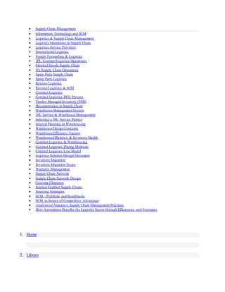  Supply Chain Management
 Information Technology and SCM
 Logistics & Supply Chain Management
 Logistics Operations in Supply Chain
 Logistics Service Providers
 International Logistics
 Freight Forwarding & Logistics
 3PL Contract Logistics Operations
 Finished Goods Supply Chain
 FG Supply Chain Operations
 Spare Parts Supply Chain
 Spare Parts Logistics
 Reverse Logistics
 Reverse Logistics & SCM
 Contract Logistics
 Contract Logistics RFQ Process
 Vendor Managed Inventory (VMI)
 Documentation in Supply Chain
 Warehouse Management System
 3PL Service & Warehouse Management
 Selecting a 3PL Service Partner
 Internal Planning in Warehousing
 Warehouse Design Concepts
 Warehouse Efficiency Factors
 Warehouse Efficiency & Inventory Health
 Contract Logistics & Warehousing
 Contract Logistics Pricing Methods
 Contract Logistics Cost Model
 Logistics Solution Design Document
 Inventory Migration
 Inventory Migration Scope
 Warranty Management
 Supply Chain Network
 Supply Chain Network Design
 Customs Clearance
 Internet Enabled Supply Chains
 Sourcing Strategies
 SCM - Problems and Roadblocks
 SCM as Source of Competitive Advantage
 Analysis of Amazon’s Supply Chain Management Practices
 How Automation Benefits the Logistics Sector through Efficiencies and Synergies
1. Home
2. Library
 