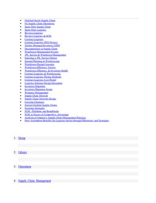  Finished Goods Supply Chain
 FG Supply Chain Operations
 Spare Parts Supply Chain
 Spare Parts Logistics
 Reverse Logistics
 Reverse Logistics & SCM
 Contract Logistics
 Contract Logistics RFQ Process
 Vendor Managed Inventory (VMI)
 Documentation in Supply Chain
 Warehouse Management System
 3PL Service & Warehouse Management
 Selecting a 3PL Service Partner
 Internal Planning in Warehousing
 Warehouse Design Concepts
 Warehouse Efficiency Factors
 Warehouse Efficiency & Inventory Health
 Contract Logistics & Warehousing
 Contract Logistics Pricing Methods
 Contract Logistics Cost Model
 Logistics Solution Design Document
 Inventory Migration
 Inventory Migration Scope
 Warranty Management
 Supply Chain Network
 Supply Chain Network Design
 Customs Clearance
 Internet Enabled Supply Chains
 Sourcing Strategies
 SCM - Problems and Roadblocks
 SCM as Source of Competitive Advantage
 Analysis of Amazon’s Supply Chain Management Practices
 How Automation Benefits the Logistics Sector through Efficiencies and Synergies
1. Home
2. Library
3. Operations
4. Supply Chain Management
 