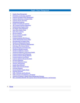 Supply Chain Management
 Supply Chain Management
 Information Technology and SCM
 Logistics & Supply Chain Management
 Logistics Operations in Supply Chain
 Logistics Service Providers
 International Logistics
 Freight Forwarding & Logistics
 3PL Contract Logistics Operations
 Finished Goods Supply Chain
 FG Supply Chain Operations
 Spare Parts Supply Chain
 Spare Parts Logistics
 Reverse Logistics
 Reverse Logistics & SCM
 Contract Logistics
 Contract Logistics RFQ Process
 Vendor Managed Inventory (VMI)
 Documentation in Supply Chain
 Warehouse Management System
 3PL Service & Warehouse Management
 Selecting a 3PL Service Partner
 Internal Planning in Warehousing
 Warehouse Design Concepts
 Warehouse Efficiency Factors
 Warehouse Efficiency & Inventory Health
 Contract Logistics & Warehousing
 Contract Logistics Pricing Methods
 Contract Logistics Cost Model
 Logistics Solution Design Document
 Inventory Migration
 Inventory Migration Scope
 Warranty Management
 Supply Chain Network
 Supply Chain Network Design
 Customs Clearance
 Internet Enabled Supply Chains
 Sourcing Strategies
 SCM - Problems and Roadblocks
 SCM as Source of Competitive Advantage
 Analysis of Amazon’s Supply Chain Management Practices
 How Automation Benefits the Logistics Sector through Efficiencies and Synergies
1. Home
 