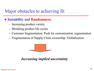 59
utdallas.edu/~metin
Major obstacles to achieving fit
 Instability and Randomness:
– Increasing product variety
– Shrinking product life cycles
– Customer fragmentation: Push for customization, segmentation
– Fragmentation of Supply Chain ownership: Globalization
Increasing implied uncertainty
 