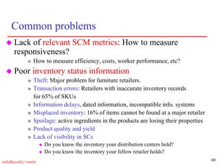 60
utdallas.edu/~metin
Common problems
 Lack of relevant SCM metrics: How to measure
responsiveness?
» How to measure efficiency, costs, worker performance, etc?
 Poor inventory status information
» Theft: Major problem for furniture retailers.
» Transaction errors: Retailers with inaccurate inventory records
for 65% of SKUs
» Information delays, dated information, incompatible info. systems
» Misplaced inventory: 16% of items cannot be found at a major retailer
» Spoilage: active ingredients in the products are losing their properties
» Product quality and yield
» Lack of visibility in SCs
 Do you know the inventory your distribution centers hold?
 Do you know the inventory your fellow retailer holds?
 