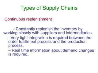 Types of Supply Chains
Continuous replenishment
- Constantly replenish the inventory by
working closely with suppliers and intermediaries.
–Very tight integration is required between the
order fulfillment process and the production
process.
– Real time information about demand changes
is required.
 
