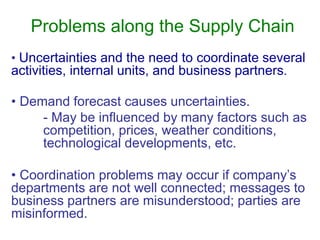 Problems along the Supply Chain
• Uncertainties and the need to coordinate several
activities, internal units, and business partners.
• Demand forecast causes uncertainties.
- May be influenced by many factors such as
competition, prices, weather conditions,
technological developments, etc.
• Coordination problems may occur if company’s
departments are not well connected; messages to
business partners are misunderstood; parties are
misinformed.
 