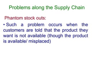 Problems along the Supply Chain
Phantom stock outs:
• Such a problem occurs when the
customers are told that the product they
want is not available (though the product
is available/ misplaced)
 