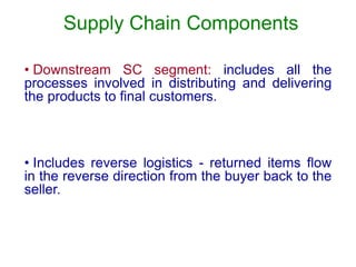 Supply Chain Components
• Downstream SC segment: includes all the
processes involved in distributing and delivering
the products to final customers.
• Includes reverse logistics - returned items flow
in the reverse direction from the buyer back to the
seller.
 