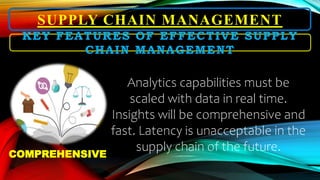 SUPPLY CHAIN MANAGEMENT
Analytics capabilities must be
scaled with data in real time.
Insights will be comprehensive and
fast. Latency is unacceptable in the
supply chain of the future.
KEY FEATURES OF EFFECTIVE SUPPLY
CHAIN MANAGEMENT
COMPREHENSIVE
 