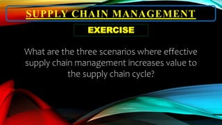 SUPPLY CHAIN MANAGEMENT
EXERCISE
What are the three scenarios where effective
supply chain management increases value to
the supply chain cycle?
 