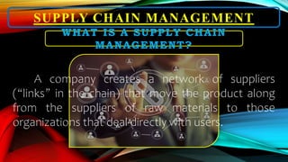 SUPPLY CHAIN MANAGEMENT
A company creates a network of suppliers
(“links” in the chain) that move the product along
from the suppliers of raw materials to those
organizations that deal directly with users.
WHAT IS A SUPPLY CHAIN
MANAGEMENT?
 