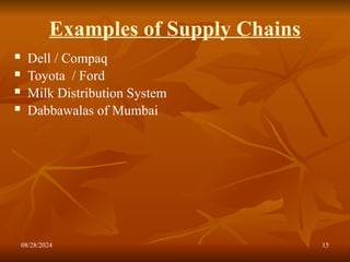 08/28/2024 15
Examples of Supply Chains
 Dell / Compaq
 Toyota / Ford
 Milk Distribution System
 Dabbawalas of Mumbai
 