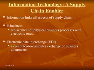 08/28/2024 18
Information Technology: A Supply
Chain Enabler
 Information links all aspects of supply chain.
 E-business
 replacement of physical business processes with
electronic ones.
 Electronic data interchange (EDI)
 a computer-to-computer exchange of business
documents.
 