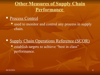 08/28/2024 41
Other Measures of Supply Chain
Performance
 Process Control
 used to monitor and control any process in supply
chain.
 Supply Chain Operations Reference (SCOR)
 establish targets to achieve “best in class”
performance.
 