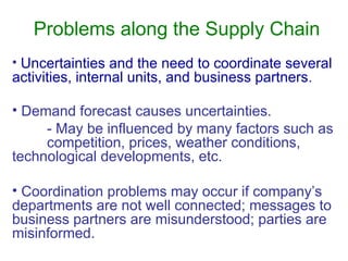 Problems along the Supply Chain
• Uncertainties and the need to coordinate several
activities, internal units, and business partners.
• Demand forecast causes uncertainties.
- May be influenced by many factors such as
competition, prices, weather conditions,
technological developments, etc.
• Coordination problems may occur if company’s
departments are not well connected; messages to
business partners are misunderstood; parties are
misinformed.
 