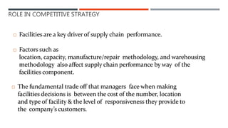 ROLE IN COMPETITIVE STRATEGY
 Facilities are a key driver of supply chain performance.
 Factors such as
location, capacity, manufacture/repair methodology, and warehousing
methodology also affect supply chain performance by way of the
facilities component.
 The fundamental trade off that managers face when making
facilities decisions is between the cost of the number, location
and type of facility & the level of responsiveness they provide to
the company’s customers.
 