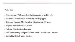 FACILITIES
 There are 140 Walmart distribution centres within US.
 Walmart’s distribution centers by Facility type:
 Regional General Merchandise Distribution Centers
 Import/Redistribution Centers
 Fashion Distribution Centers
 Full line Grocery and perishables Food Distribution Centers
 Speciality Distribution Centers
 